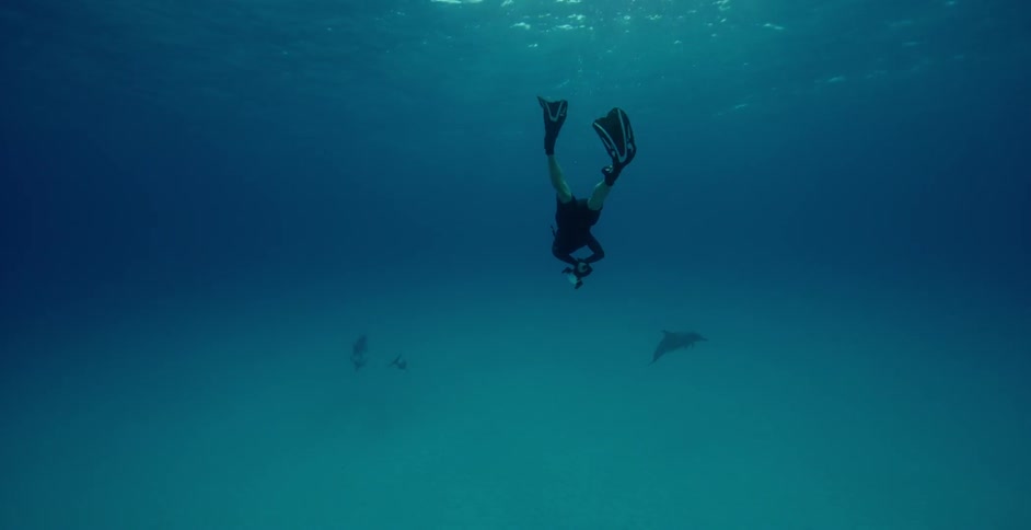 Swimmer wears fins as he swims under water