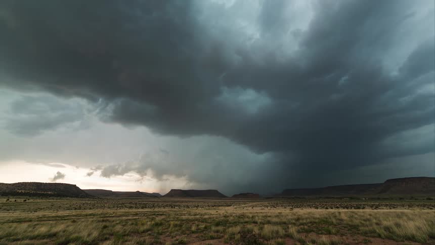 Ominous clouds float over a desert