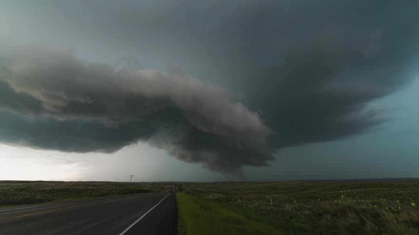 Timelapse of a tornado forming near a highway on a mid-western plain