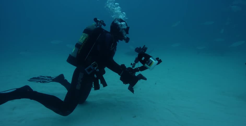 A scuba diver holds a camera getting ready to film fish
