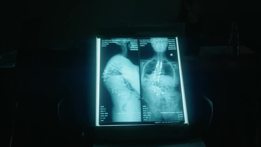 Person's chest on an x-ray and a light turns on in the room