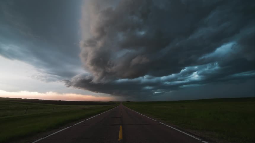 Time lapse of an empty road as a heavy storm overtakes the sky above