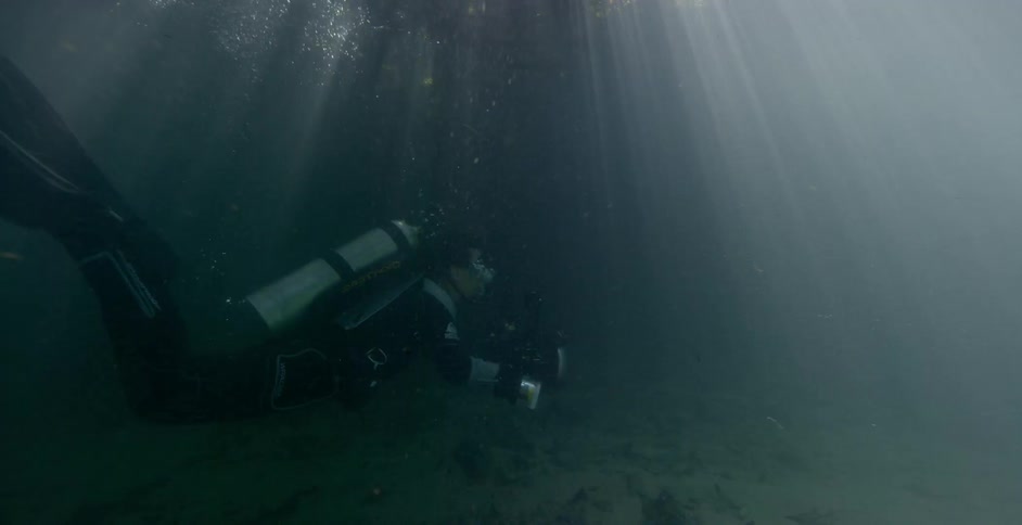 A diver swims in murky water