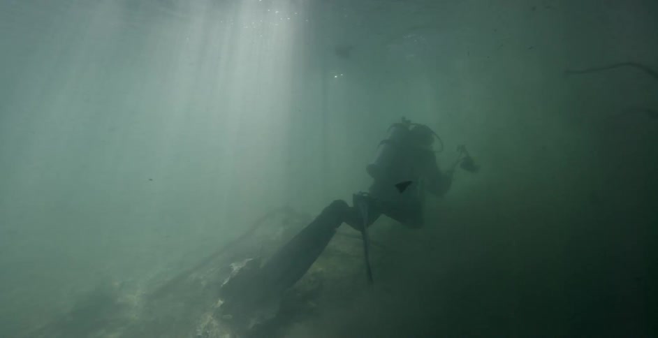 A diver swims in murky water