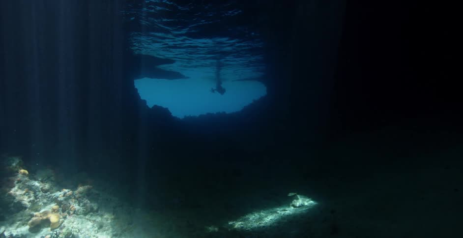 A diver swims underwater in the dark