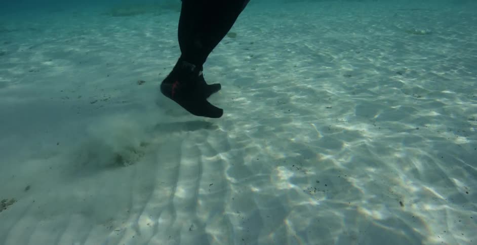 A person in a wet suit walks in sandy water