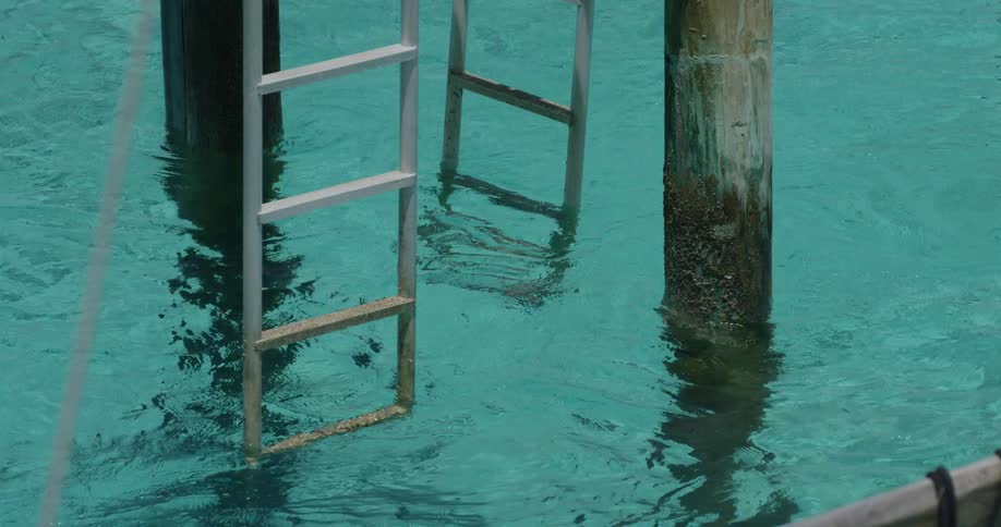 Two ladders and two pillars in clear flowing water