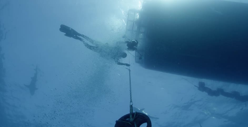 A diver is pulling an anchor up to the ship