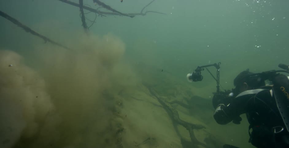 A diver swims in murky water