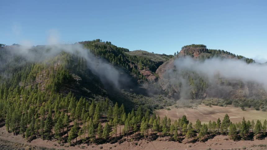Mist floats around the tree covered mountains