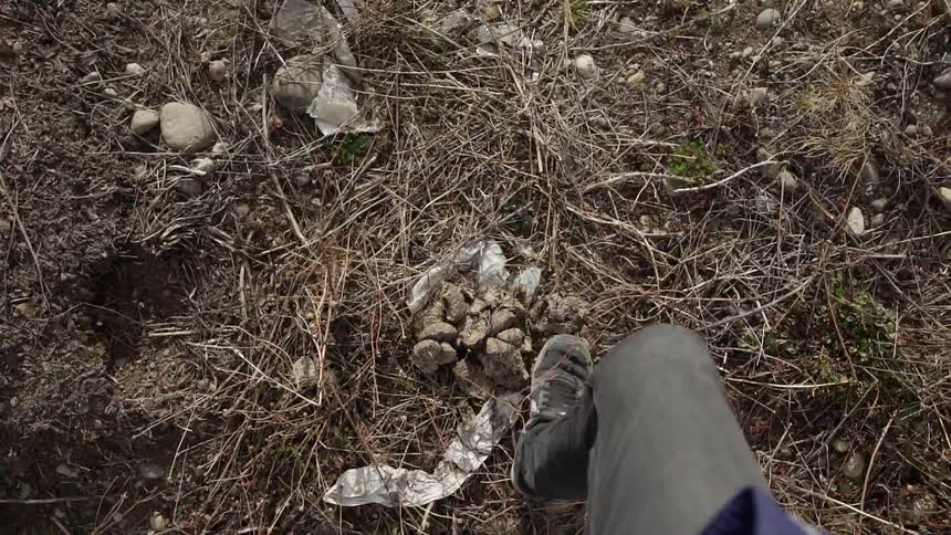 A person walks over weeds and trash