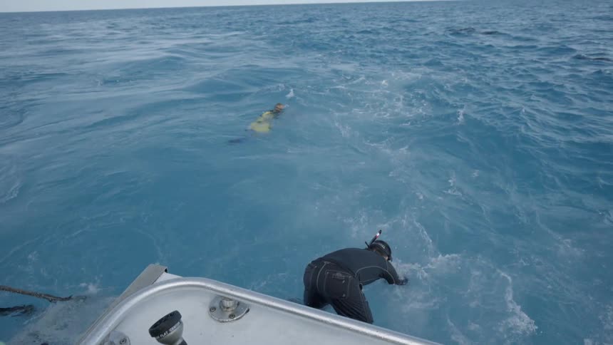 A man holding a camera is diving off a boat into the ocean during the day