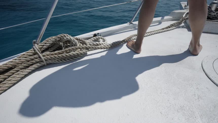 Person stands by a rope at the edge of a boat