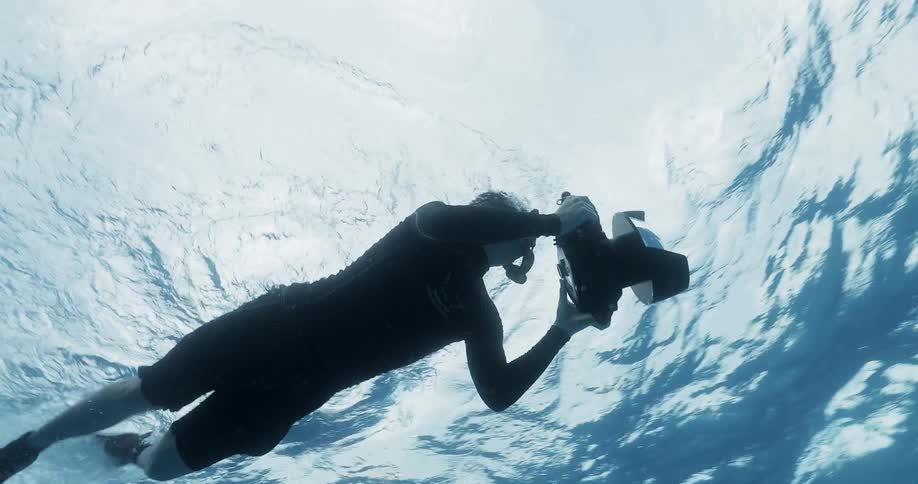 A diver is holding a camera as he swims near the ocean's surface in daylight