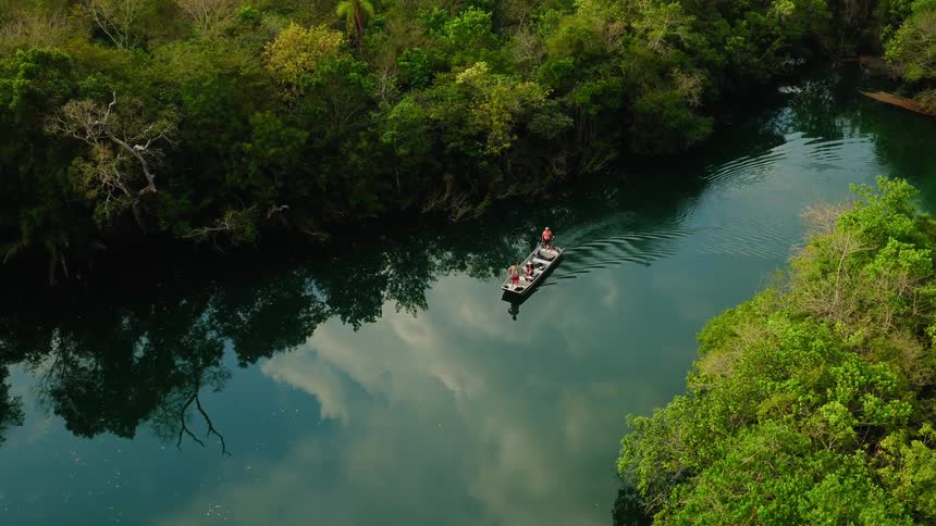 A small boat travels down a narrow river