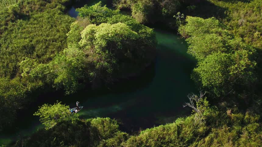 A boat travels down a winding river
