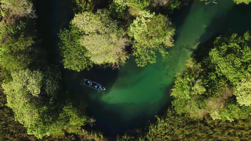 A boat is traveling on a winding river in daylight