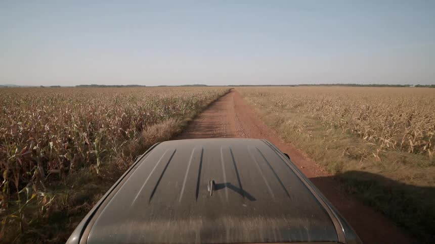 Vehicle travels down a dirt path between two fields
