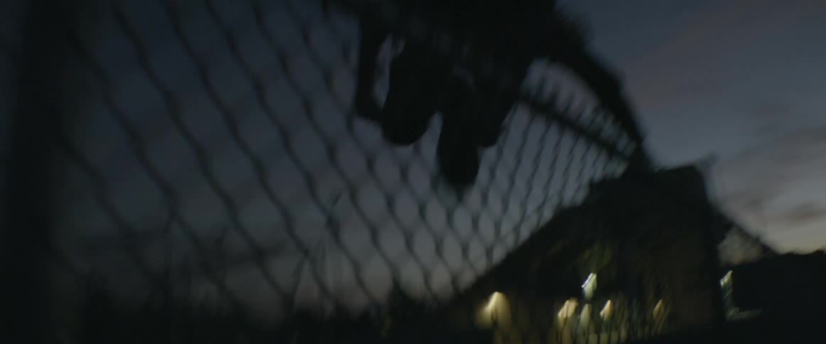 A boy jumps over a chain link fence at night
