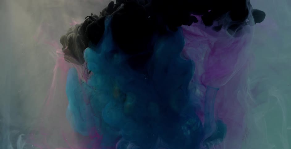 Black paint flows into the water and expands over the blue