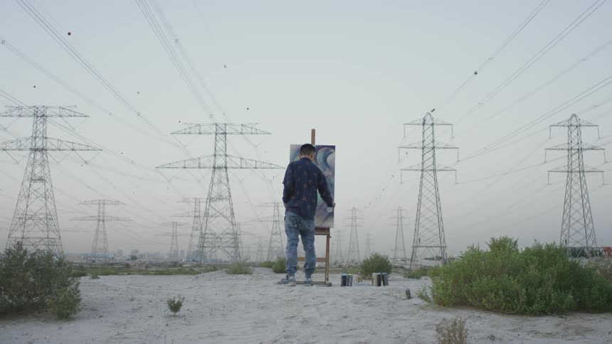 A man paints on a canvas outside