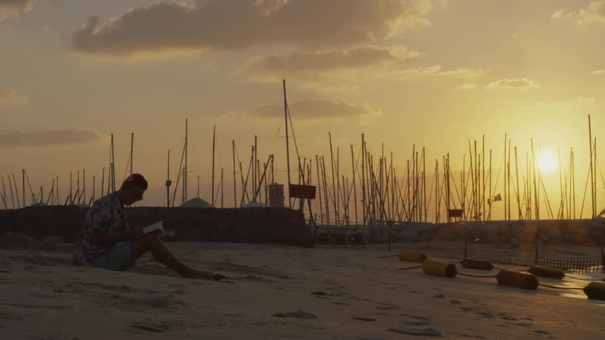 Man sits on a sandy beach reading a book