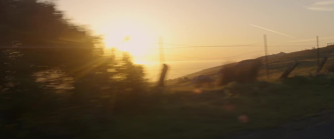 A car is driven on a rural road at sunset