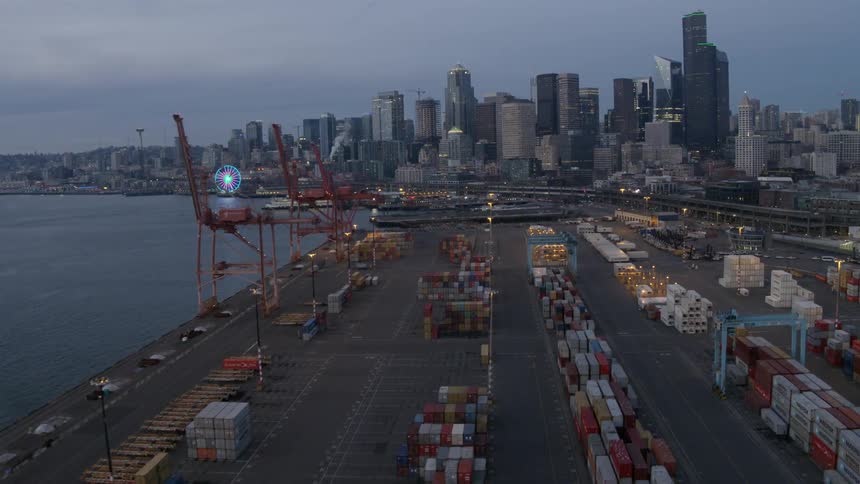 Flying over container stacks at one of Seattle's deep water shipping ports