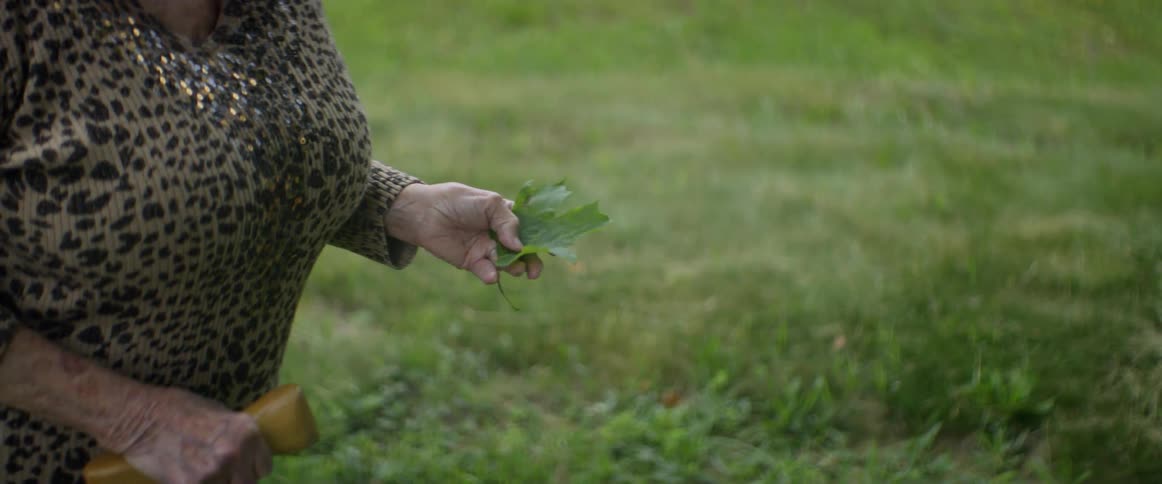 Woman holds a cane in one hand and a green leaf in the other