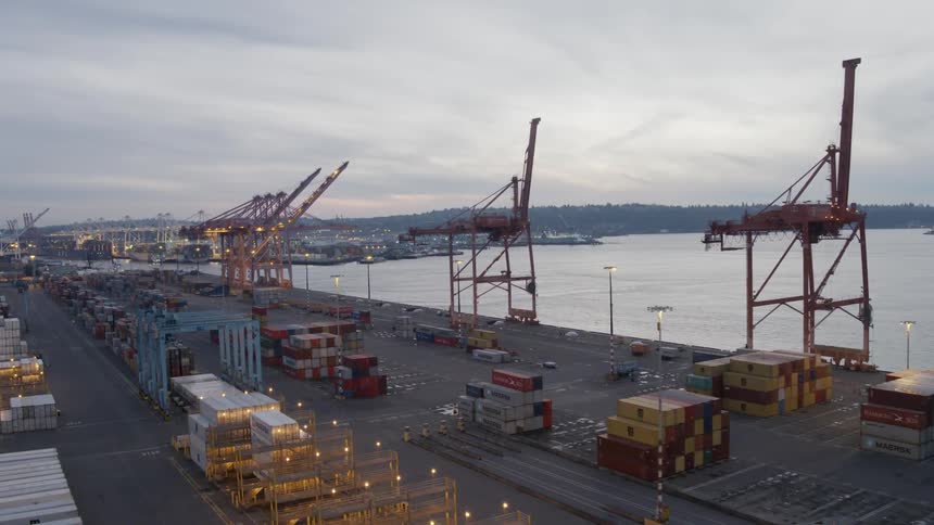 A quiet port terminal facility at dusk