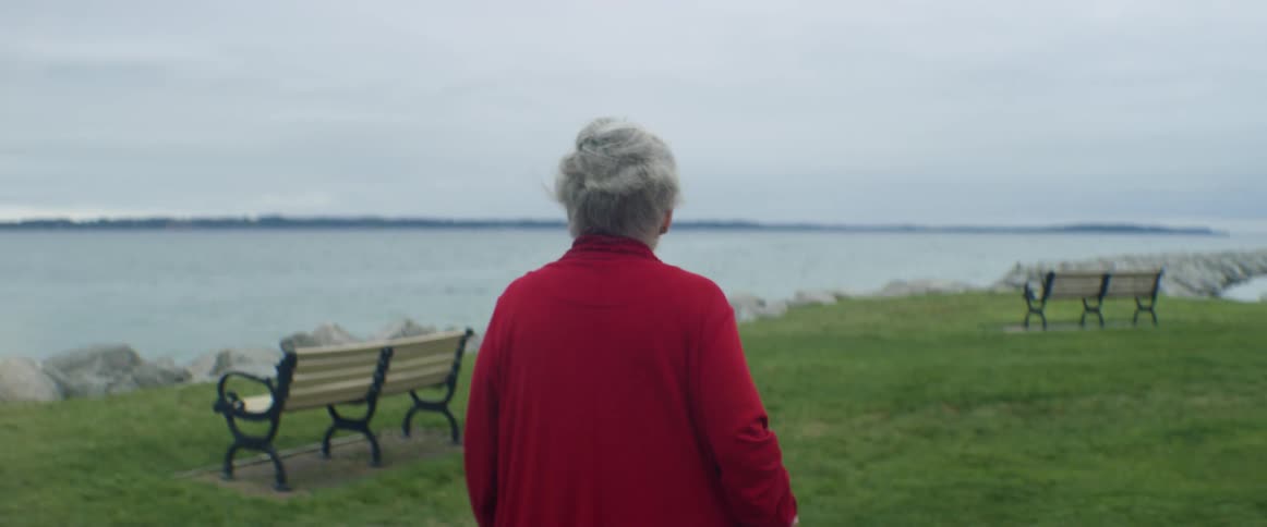A woman with a cane walks on a path by the coast