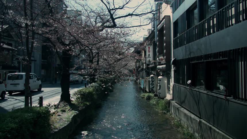 River runs between a row of buildings and a street