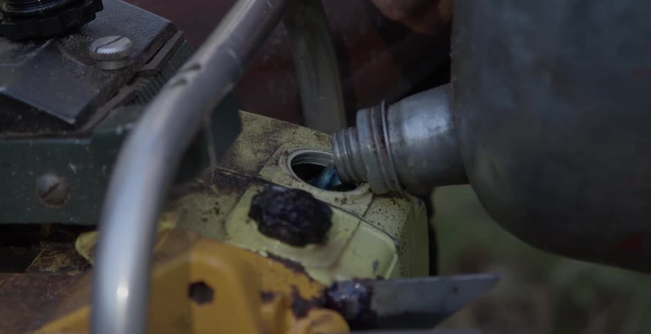 A person is filling the gas tank on the tool
