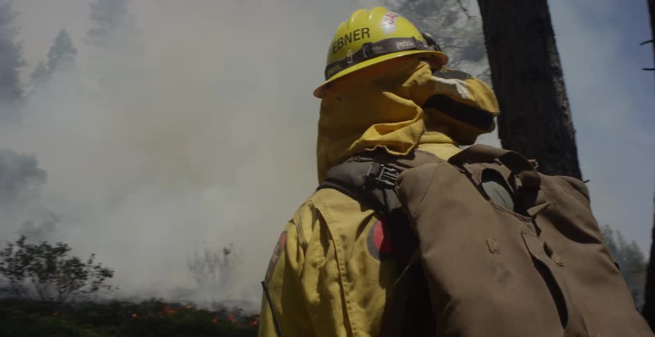 Man in a hard hat looks at a burning forest