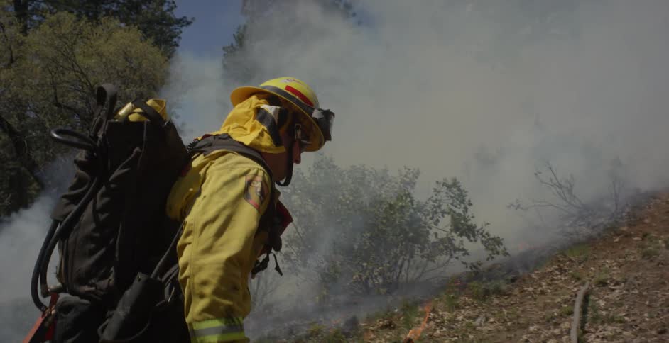 A firefighter is carrying a lit torch as he moves along the edges of a brush fire