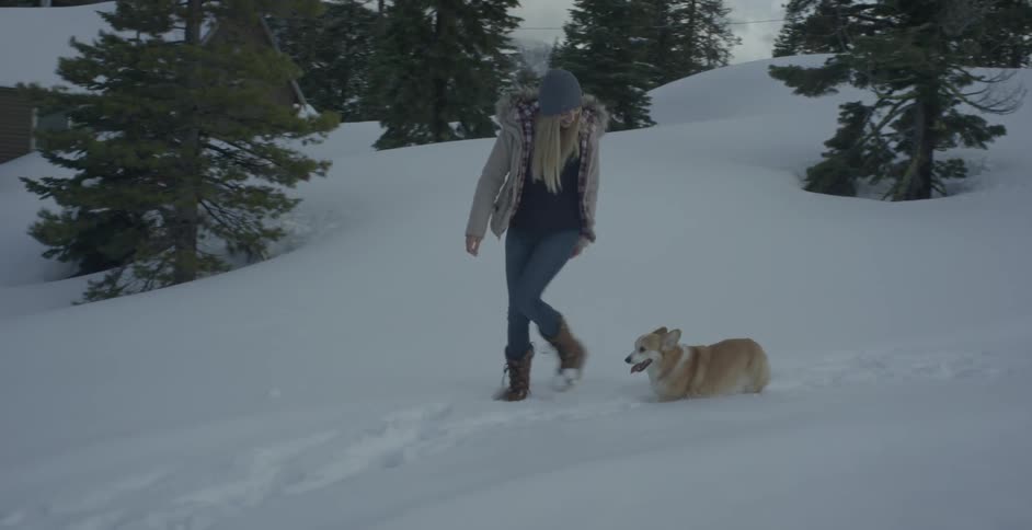 A woman and dog walk in a snowy forest