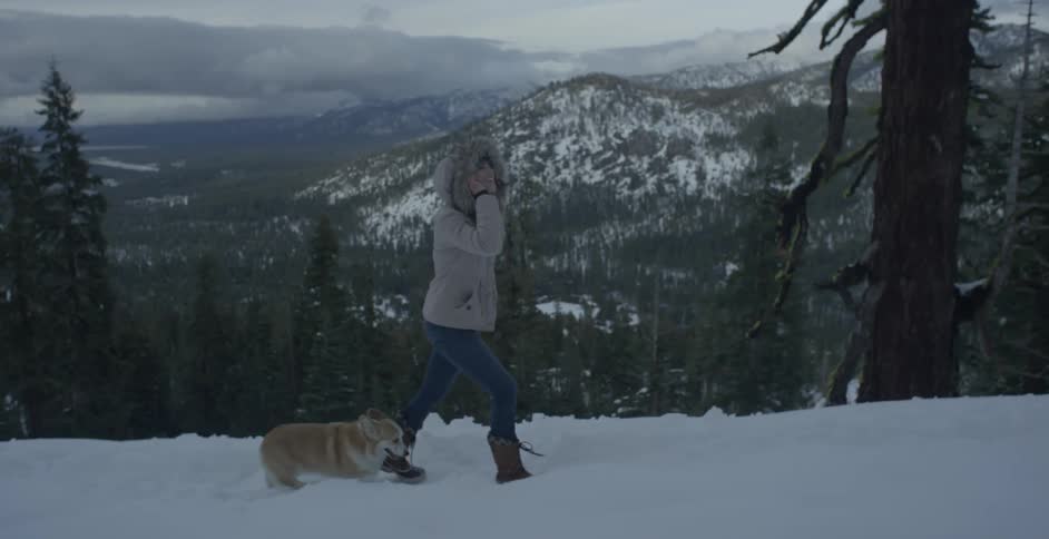 Woman in a hooded jacket walks in the snow with a dog
