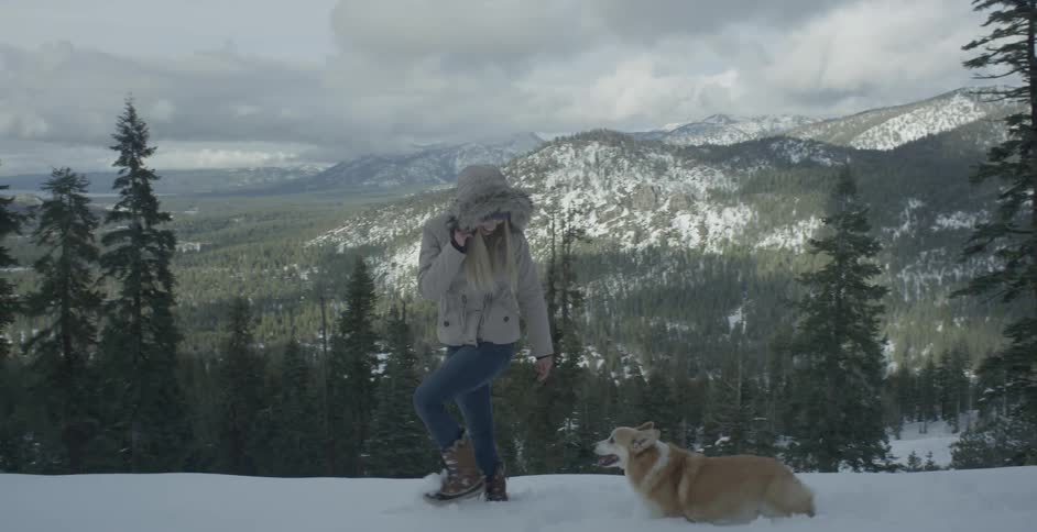 A woman and dog walk in snowy mountains