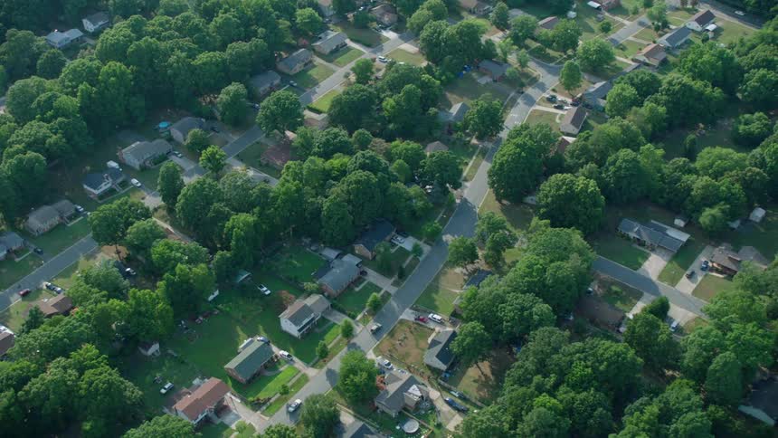 Trees and houses cover the town landscape