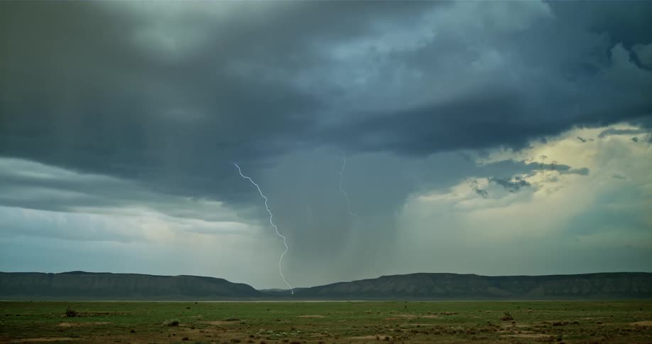 Lightning flashes during a rainstorm