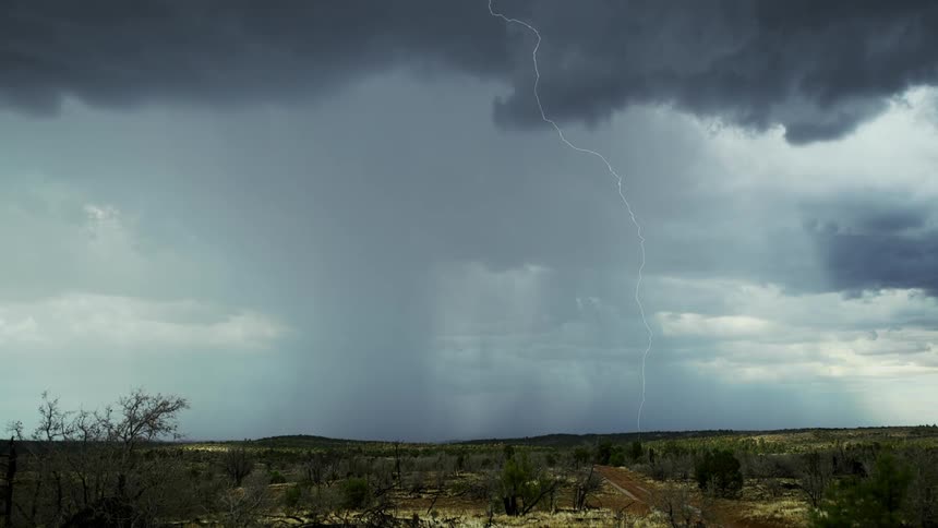 Lightning strikes the ground and rain pours down in sheets