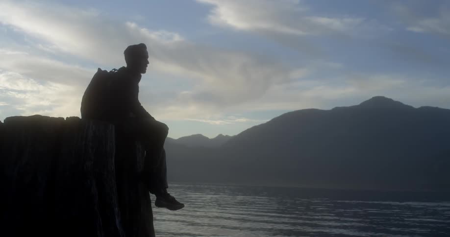 A man is sitting on a ledge overlooking the ocean during the day