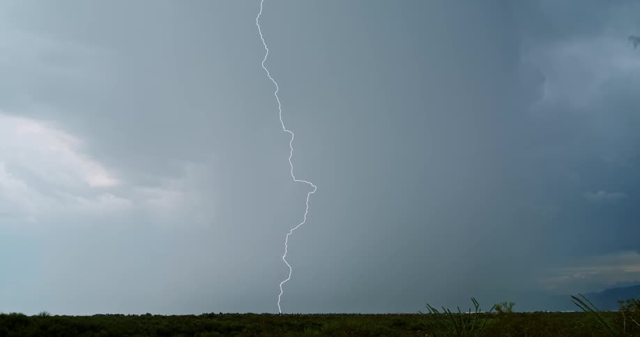 The storm is pouring rain and lightning ahead