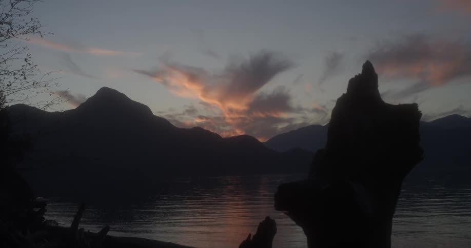 Waves ripple across mountain lake at sunset