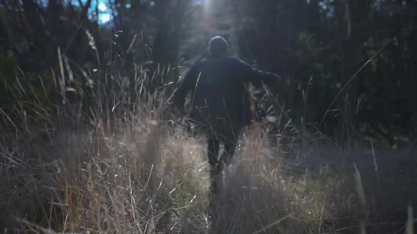 A man runs through a forest