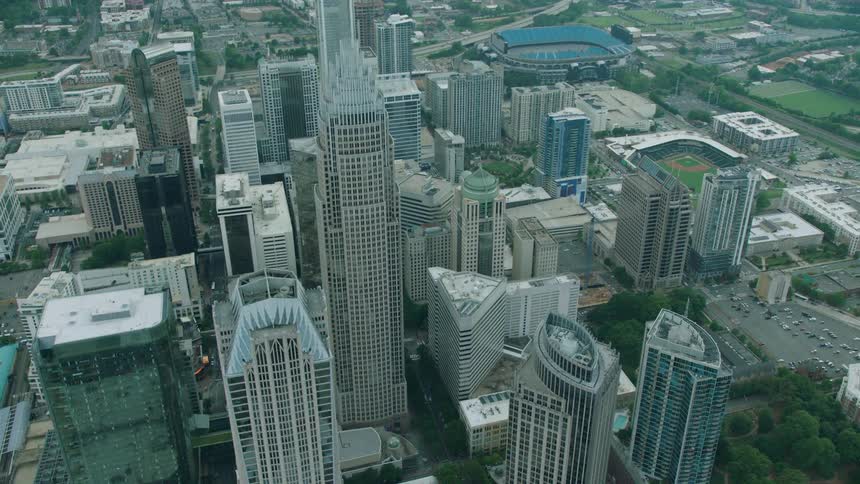 Building rooftops and skyscrapers in a city skyline