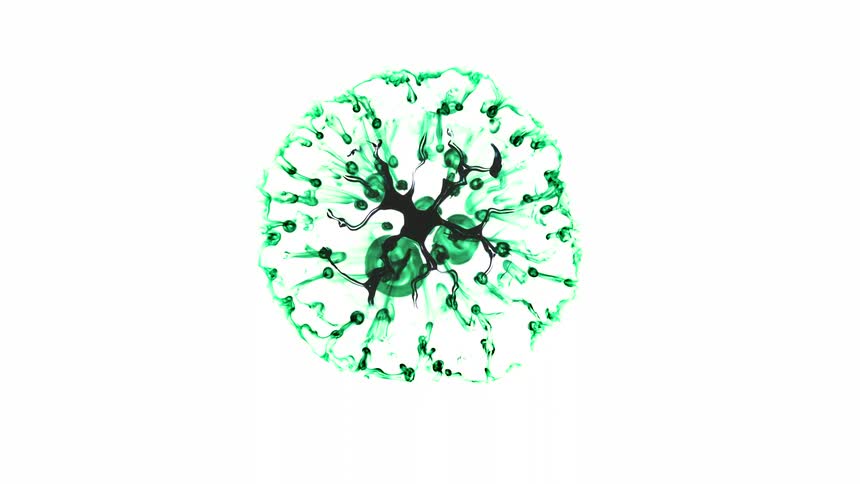 Green dye is forming blobs and spreading out in an abstract pattern