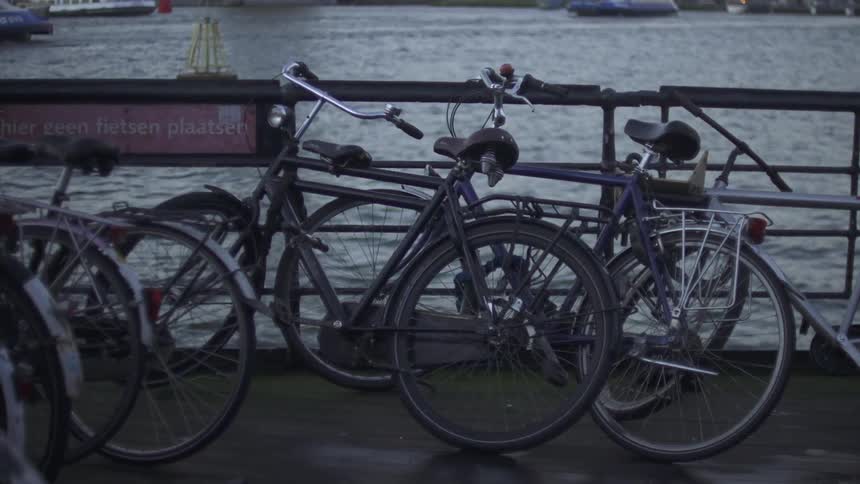 Bicycles are waiting chained to a fence at a pier in daylight