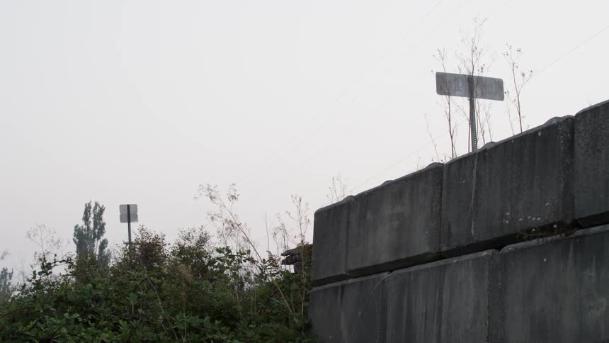 The tall concrete wall lines the bushes