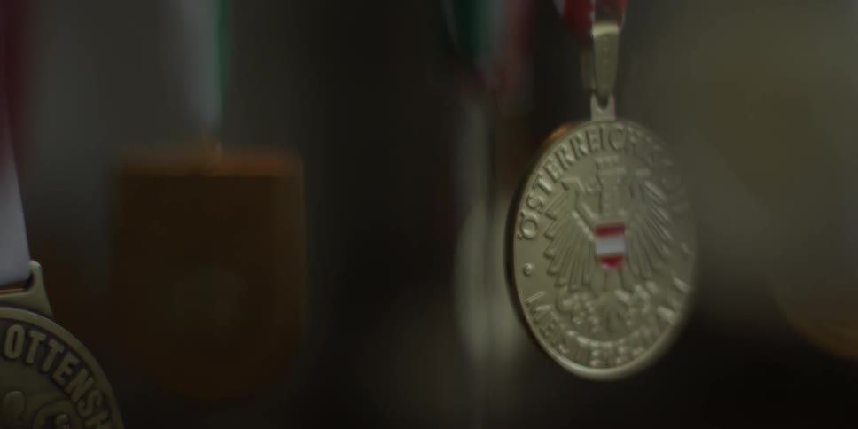 Medals hang inside a room